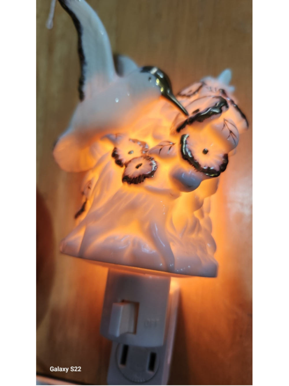 Vintage Hummingbird and Flower Night Light Ivory Porcelain With Gold Trim